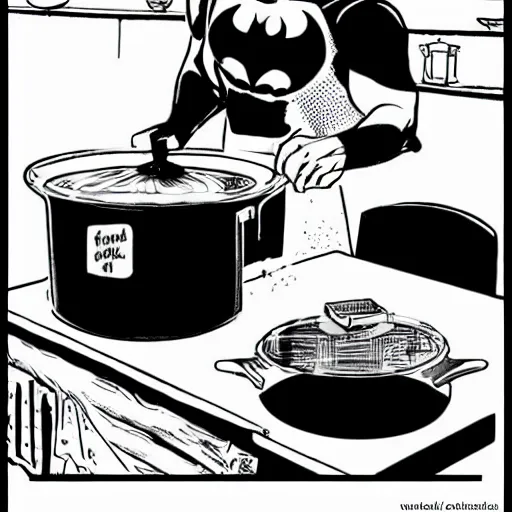 Image similar to batman cooking with a wok pan in a cozy french kitchen, comic book style