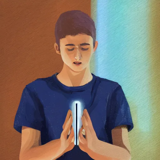 Image similar to a male teenager praying for a divine smartphone in front of him, digital art