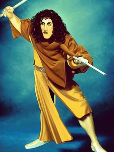 Image similar to weird al as a powerfulwizard holding a staff, serious expression, in the style of frank frazetta