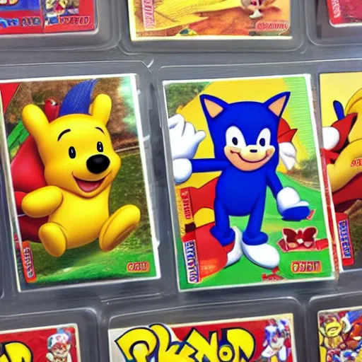 Image similar to photograph of winnie the pooh and super mario and sonic the hedgehog anime style, on pokemon card packs at target