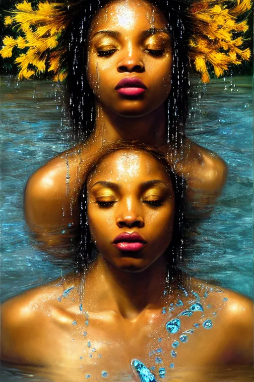 Prompt: hyper realistic precisionist cinematic very expressive! oshun goddess, in water! john everett millais, mirror dripping droplet!, gold flowers, highly detailed face, digital art masterpiece, smooth eric zener cam de leon, dramatic pearlescent turquoise light on one side, low angle uhd 8 k, shallow depth of field