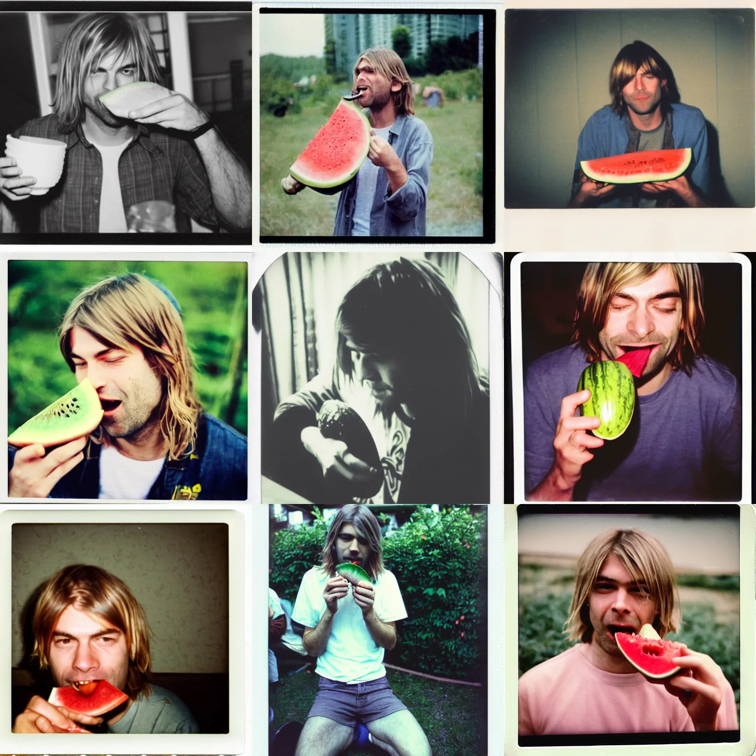 Prompt: a polaroid photograph of happy kurt cobain eating watermelon in tokio
