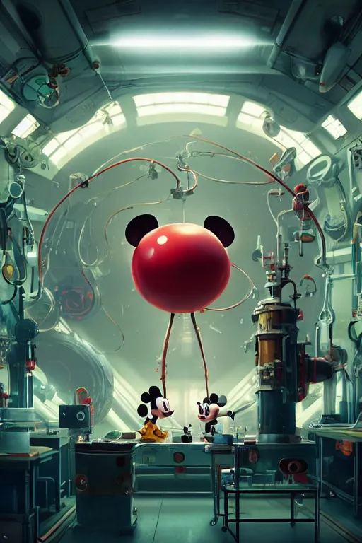 Image similar to bunch of mechanics operating bloody mickey mouse head in science facility, big glowing netflix logo behind, greg rutkowski, beeple, gilleard, alphonse mucha cgsociety, unreal engine, octane render, highly detailed 4 k art, smooth, sharp focus, cinematic lighting,