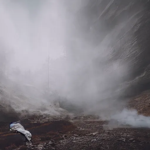 Image similar to photo, a woman in a giant flowing incredibly long dragging white dress made out of white smoke, standing inside a dark western rocky scenic landscape, volumetric lighting