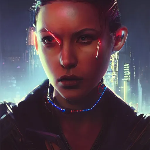 Image similar to closeup portrait of a young cyberpunk razorgirl, dramatic lighting, city background, night, moon, chiaroscuro, high detail, painted by greg rutkowski, painted by igor kieryluk, painted by bobby chiu, painted by geoffroy thoorens, trending on artstation