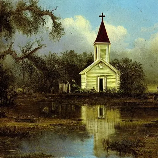 Image similar to 1 9 e century southern gothic scene, old white wooden church in bayou swamps, in louisiana, old painting style claude gellee