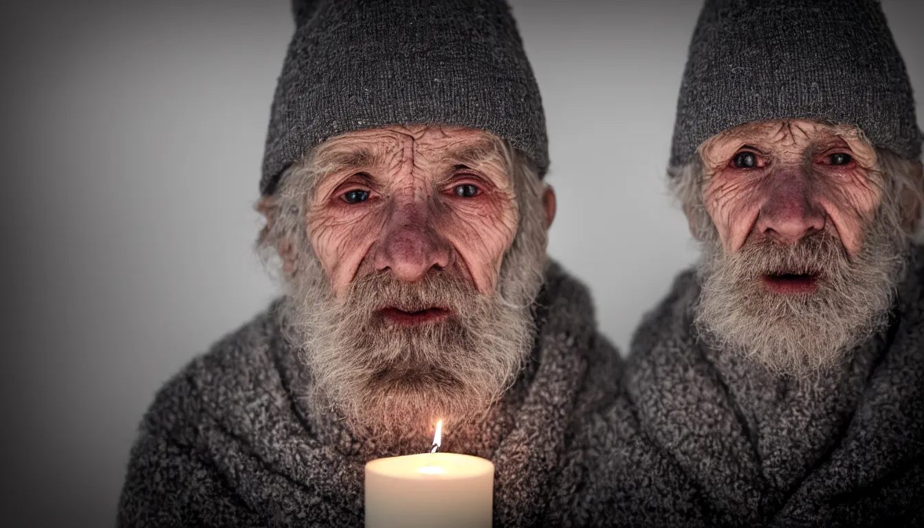 Prompt: a close up portrait of one solitary old underweight scruffy man alone frozen, full colour, hyper realistic photo, candle light, shallow depth of field, upscale, 8 k, masterpiece,