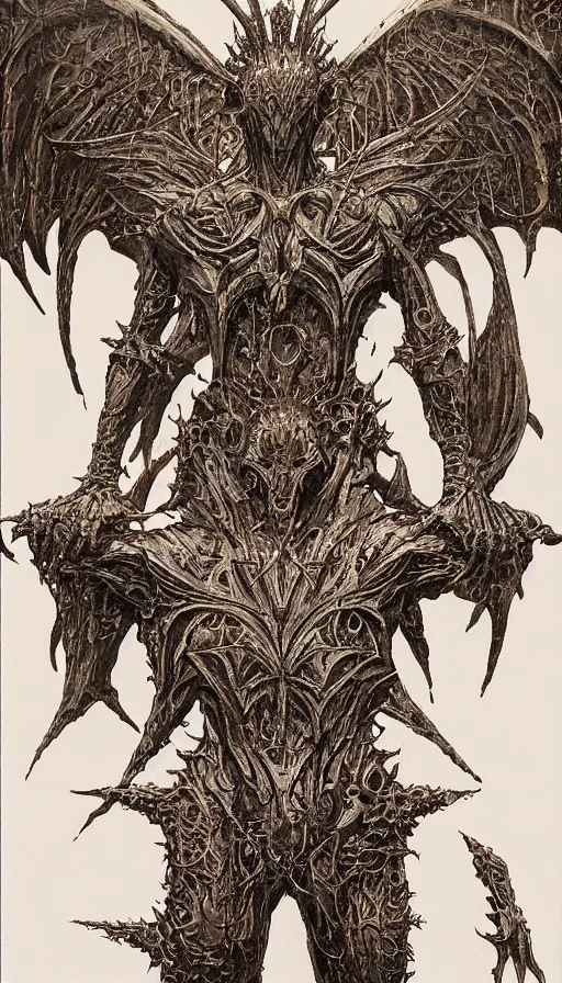 Image similar to Morningstar themed painting of symmetrical torso Satan's infernal armor anatomy with batlike wings and extended evil hands concept, intricate artwork by H.R. Giger, Johnatan Wayshak, Zdizslaw Beksinski, Ayami Kojima, Amano, Karol Bak, Moebius, and Mark Brooks, Neo-Gothic, gothic, rich deep colors, art by Takato Yamamoto, masterpiece, face by Artgerm, very coherent artwork, cinematic, hyper realism, high detail, octane render, unreal engine, 8k, High contrast, golden ratio, trending on cgsociety