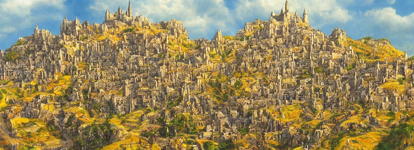 Prompt: a beautiful painting of a fantastic city, similar to minas tirith, orange and yellow grass and trees, highly detailed