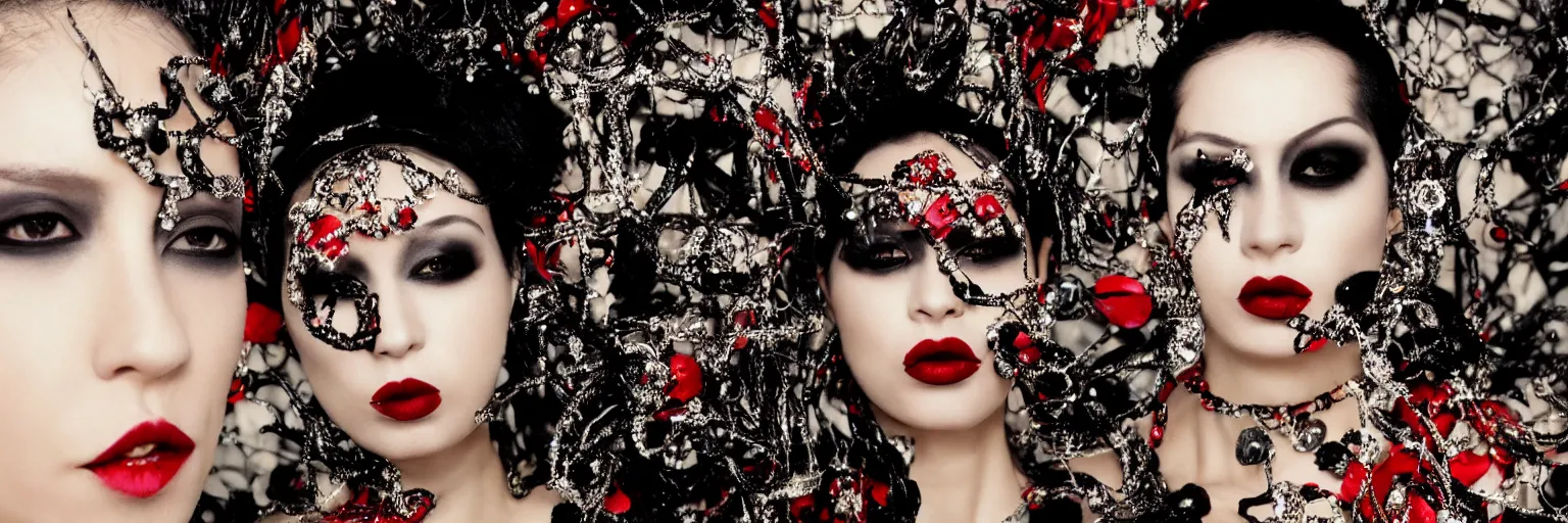 Prompt: a photograph of a woman with dark make-up around her eyes and red lipstick with slicked-back black hair wearing an outrageous Alexander McQueen mesh face jewelry across her face, encrusted with hanging beads and diamonds, haute couture, high fashion, Eiko Ishioka, film still, 16mm