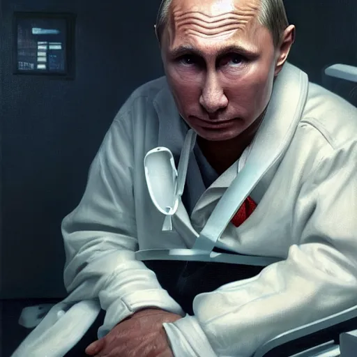 Prompt: hyperrealistic painting of very ill Vladimir Putin wearing an oxygen mask on a death bed inhaling white clubs of smoke from Copium tank, dimly lit hospital room, d&d, stunning 3d render inspired art by Tim Okamura and Lise Deharme + perfect facial symmetry + dim volumetric lighting, 8k octane beautifully detailed render, post-processing, extremely hyperdetailed, intricate, epic composition, grim yet sparkling atmosphere, cinematic lighting + masterpiece, trending on artstation, very very detailed, masterpiece, stunning