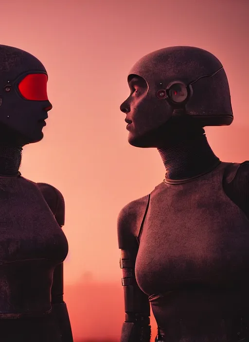 Image similar to cinestill 5 0 d photographic portrait by steve mccurry of two loving female androids wearing rugged black mesh techwear on a desolate plain with a red sky, extreme closeup, dust storm, 8 k, hd, high resolution, 3 5 mm, f / 3 2, ultra realistic faces, ex machina, cyberpunk 2 0 7 7