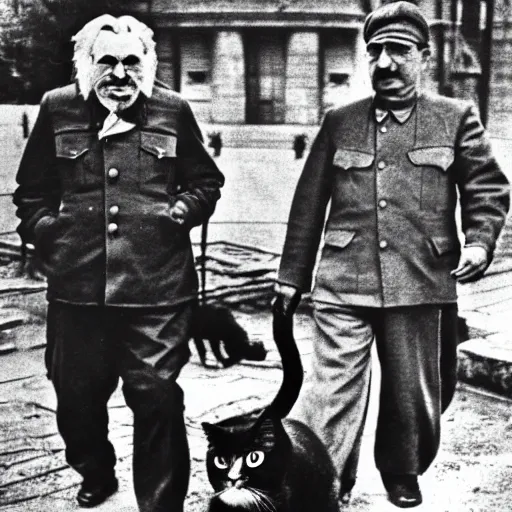 Prompt: Communist Cat, walking with Stalin,