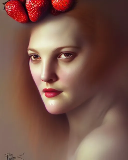 Image similar to beauty portrait, drew barrymore, strawberries, headgear leaves, wild berries, by tom bagshaw, greg rutkowski, ilya kuvshinov, craig mullins, intricate background. sharp focus, award winning, luminous