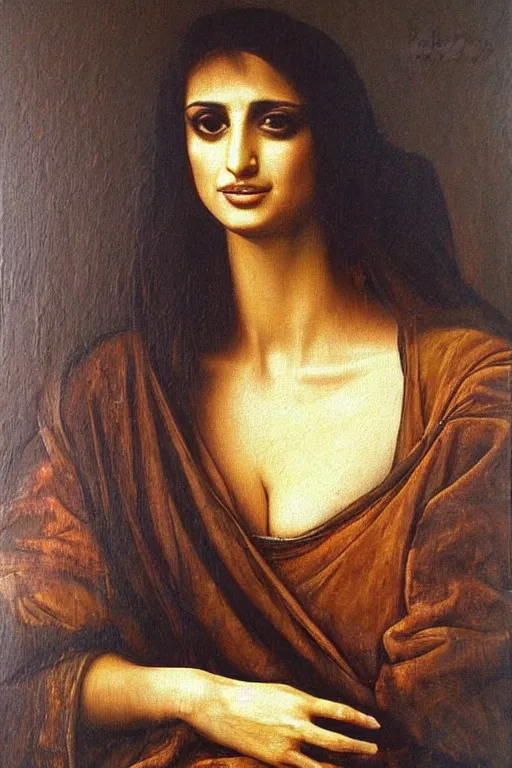 Image similar to oil painting, portrait of penelope cruz, artwork by leonardo da vinci