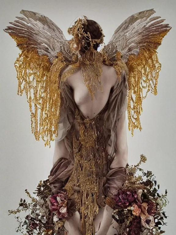 Prompt: a fashion portrait render of a fallen angel,veiled, symmetry,dramatic headdress with intricate fractals of flowers,tassels,by Daveed Benito and Lawrence Alma-Tadema and Enchanted doll and aaron horkey and peter gric,trending on pinterest,hyperreal,jewelry,gold,intricate,maximalist,golden ratio,cinematic lighting