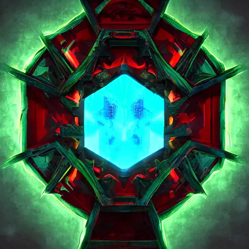 Image similar to ancient construct cursed by the epidote, painted by diego gisbert llorens and charles binger and frank wu and glenn chadbourne, trending on artstation, iridescent cool blue and cyan and red and blue and yellow and green lighting product view sacred geometry, unreal engine, positivism, vaporwave, performance art