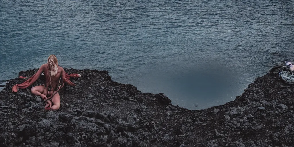 Image similar to cinematic wide shot of rop in the water in the middle of a lake in iceland, a rocky foreground, sunset, a bundle of rope is in the center of the lake, eerie vibe, leica, 2 4 mm lens, 3 5 mm kodak film, f / 2 2, anamorphic
