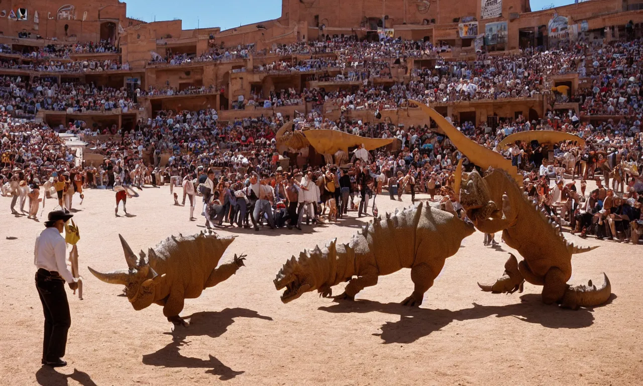 Prompt: a troubadour facing off against a horned dinosaur in the plaza de toros, madrid. long shot, midday sun, kodachrome