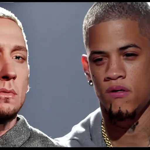 Prompt: eminem and xxxtentacion rap battling in real life, 8 k, 4 k uhd, realistic, hyper realistic, super detailed, very detailed, detailed