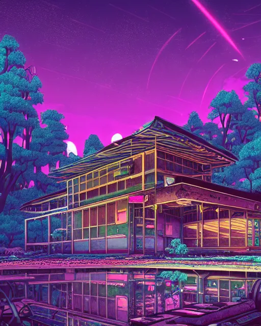 Image similar to a beautiful very detailed anime illustration of nature chalet industrial architecture abandoned urbex building architecture by martin johnson heade, architecture island flowers forest galactic neon noir infrared vice city thermal imaging, archdaily, wallpaper, highly detailed, trending on artstation.