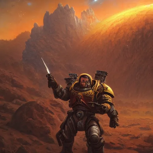 Image similar to A space marine on dead world full of rocks, highly detailed, centered, digital painting, artstation, concept art, donato giancola, Joseph Christian Leyendecker, WLOP, Boris Vallejo, Breathtaking, 8k resolution, extremely detailed, beautiful, establishing shot, artistic