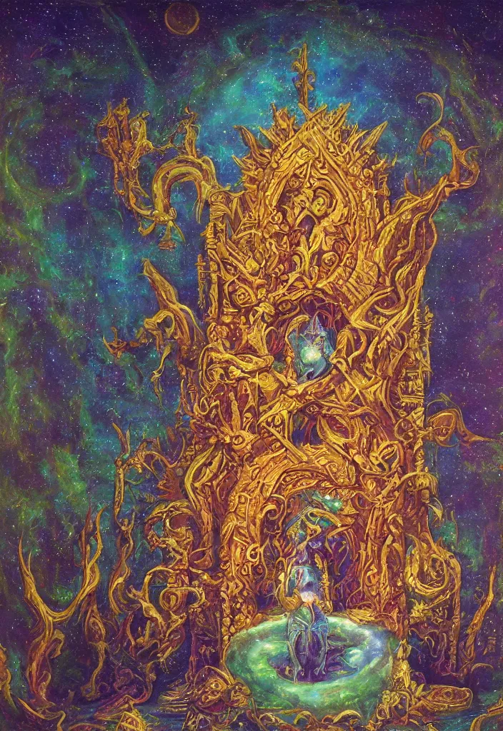 Prompt: terrible throne of the gnostic lunar mythos, award winning oil painting, iridescent color palette