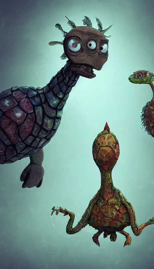 Prompt: a strange bird turtle giraffe mr bean chimera creature with scales and feathers waiting for the bus with other monsters, on an alien planet, platonic forms, in the style of shaun tan, sam shearon, dr seuss, leng jun, close up, surreal, beautiful, fantastic, wonderful, science fiction, dramatic lighting, fractal background, 3 d sculpture 8 k octane render