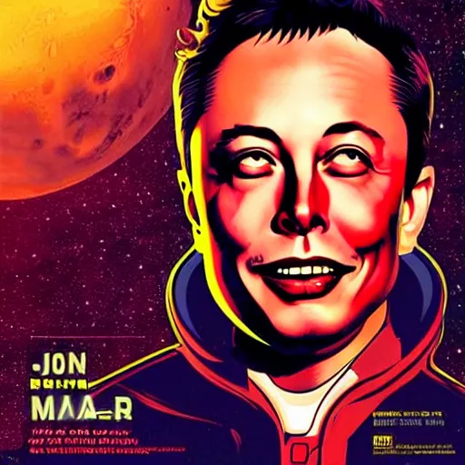 Image similar to movie poster of elon musk as a villain who looks at the planet mars with a macabre smile, his face is illuminated with a red light, john alvin style