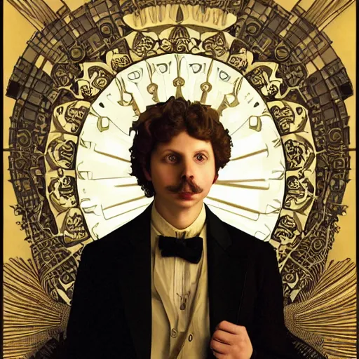 Image similar to a detailed portrait of michael cera as an old west villain, long twirling moustache, by alphonse mucha and arthur mucha, god rays, intricate detail, cinematic, 8 k, featured on artstation, pixiv