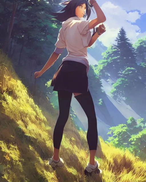 Prompt: a girl on a hike, sexy outfit, medium shot, visible face, detailed face, perfectly shaded, atmospheric lighting, by makoto shinkai, stanley artgerm lau, wlop, rossdraws