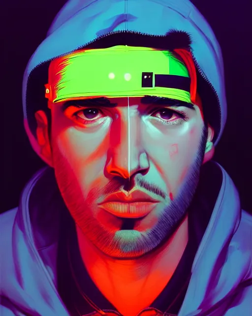 Prompt: pop art mixed with neo - noir artsyle, hyper - realistic detailed portrait of a man in a hoodie, with neon visor, by atey ghailan, by greg rutkowski, by greg tocchini, by james gilleard, by joe fenton, by kaethe butcher, sharp focus