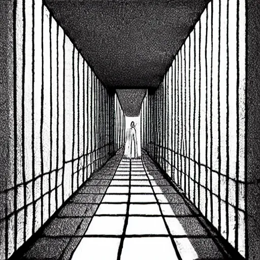 Prompt: “A creepy bright white hallway by Junji Ito”