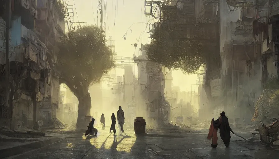 Image similar to jeddah city street, roshan, shops, a bright pharmacy, a nomad wearing a worn out coat, plants, old tree, dramatic lighting fantasy, sci fi, by caspar david friedrich by james gilleard and justin gerard, centered, artstation, smooth, sharp focus, photoreal octane render, by jean baptiste monge, gustave dore, deviantart