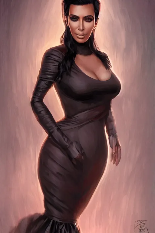 Image similar to Kim Kardashian as a heroine with a dress inspired by american horror story, digital painting, artstation, concept art, smooth, sharp focus, illustration, in-frame, centered, art by artgerm and donato giancola and Joseph Christian Leyendecker, Ross Tran, WLOP