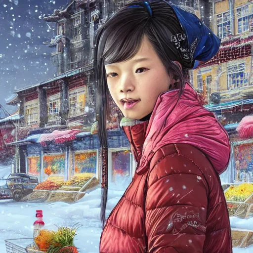 Prompt: the portrait a beautiful grocery young asia woman in down jacket, the background is a grocery store, winter, rural northeast an ultrafine hyperdetailed illustration by kim jung gi, irakli nadar, intricate linework, bright colors, octopath traveler, wenjun lin, unreal engine 5 highly rendered, global illumination, radiant light, detailed and intricate environment