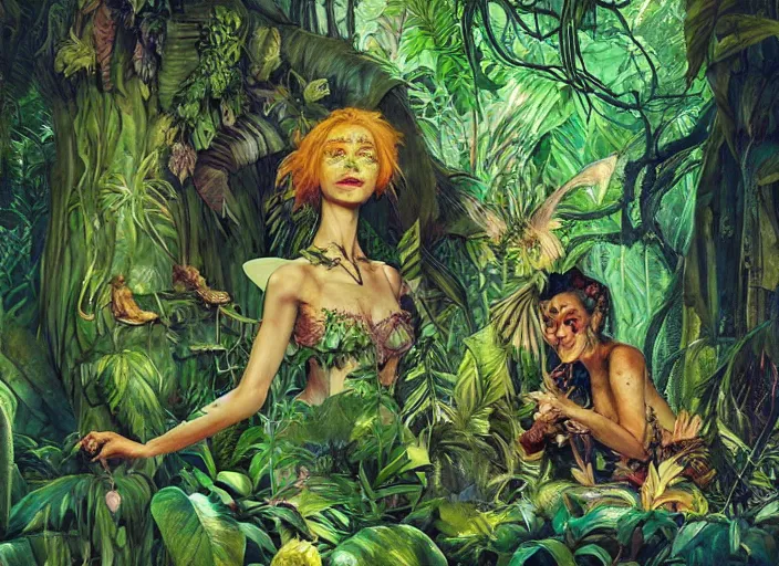 Image similar to lush nightlife in the jungle fairy foliage painting carved in amber by chiara bautista and norman rockwell and greg rutkowski weta studio