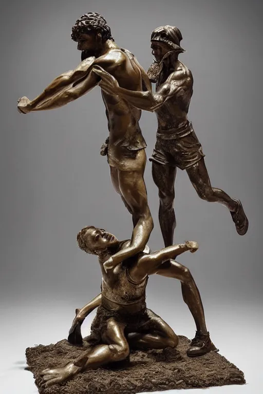 Image similar to a beautiful bronze sculpture of a fighting scene beetwen david and goliath by christophe charbonnel, rust and plaster materials