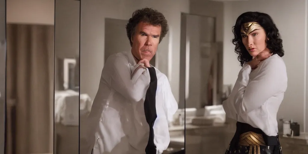 Prompt: ultra wide angle photo of will ferrel dressed in a white blouse and black dress pants looking at himself in a bathroom mirror and seeing his reflection as wonder woman