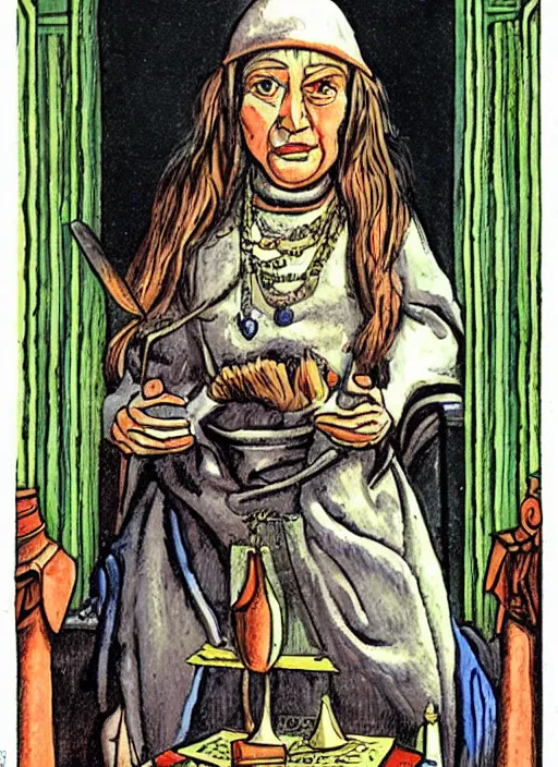 Prompt: Igor Bogdonoff caricature in Thoth tarot deck, style of Lady Frieda Harris,
