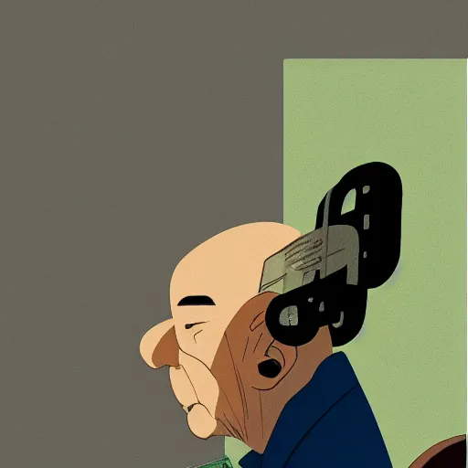 Prompt: old balding japanese man with white shirt, sitting on a chair and reading newspaper while looking at the ceiling of his room with contrastic green lighting by fujita goro, atey ghailan, tom whalen