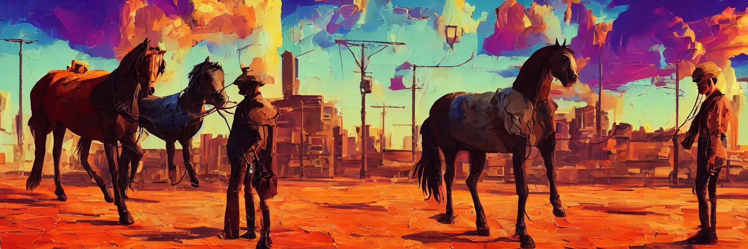 Image similar to a graph style gauche impasto, the horse is not mine, steampunk, art by james gilleard, cgsociety, vintage, city scape, retrofuturism, retrowave, outrun, hyper realistic.