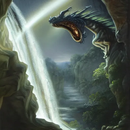 Image similar to oil painting of a dragon flying in the air near a cave with a waterfall in the center, light emanating from the waterfall leading to a big pool of water, dragon has black and white siberian tiger stripes, elegant, sharp focus, wide shot, clear, detailed, early renaissance