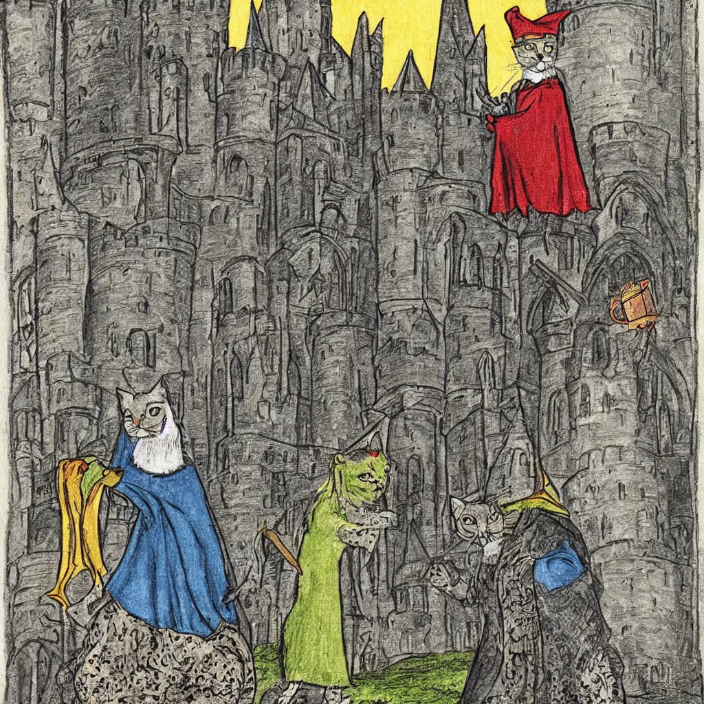 Prompt: a gray striped cat disguised as a wizard Merlin in front of the castle of Camelot, colorful medieval illustration