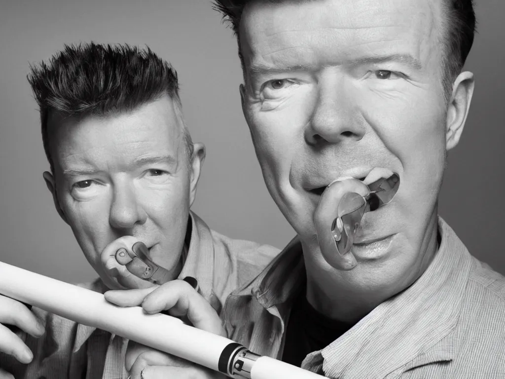 Image similar to rick astley using a rolling pin, sharp detail, cinematic