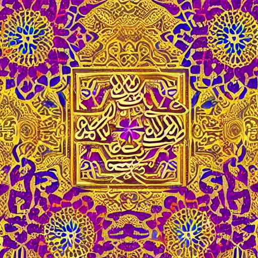 Image similar to arabian calligraphic, colorful with gold details