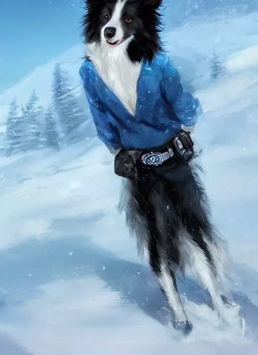 Image similar to beautiful portrait of a cute male anthropomorphic border collie fursona wearing a blue cowboy outfit in a tundra. character design by charlie bowater, henry asencio, and ross tran. scenic background, detailed, glamor pose, aesthetic, trending on artstation, top rated on furaffinity and deviantart