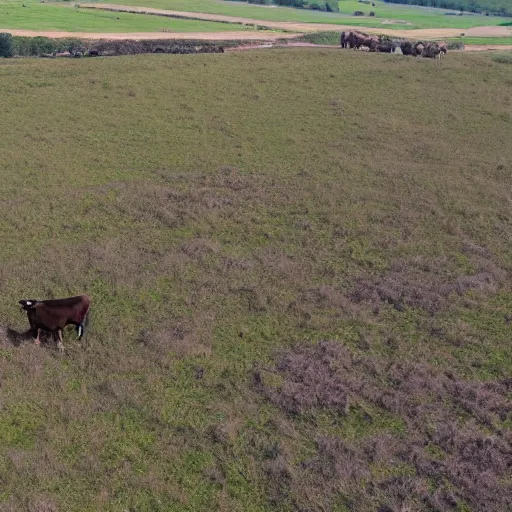 Prompt: a uav is searching a large group og cattle