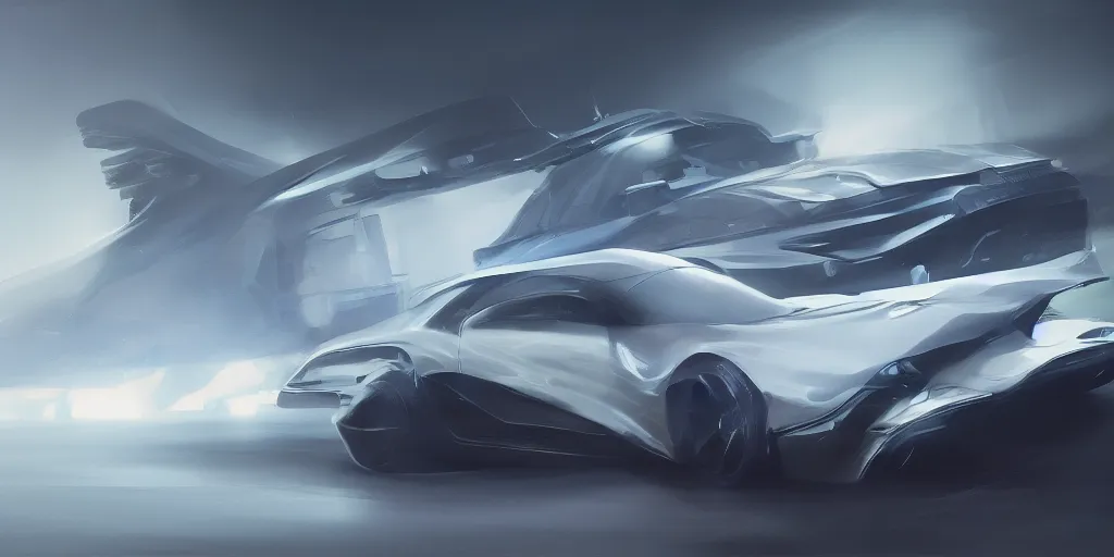 Image similar to full view of a car, painted in white holographic pearlescent, elegant, digital painting, concept art, smooth, sharp focus, art style from Wang Ke and Greg Rutkowski and Bruce Kaiser and Scott Robertson and Dmitry Mazurkevich and Doruk Erdem and Jon Sibal, small style cue from Blade Runner