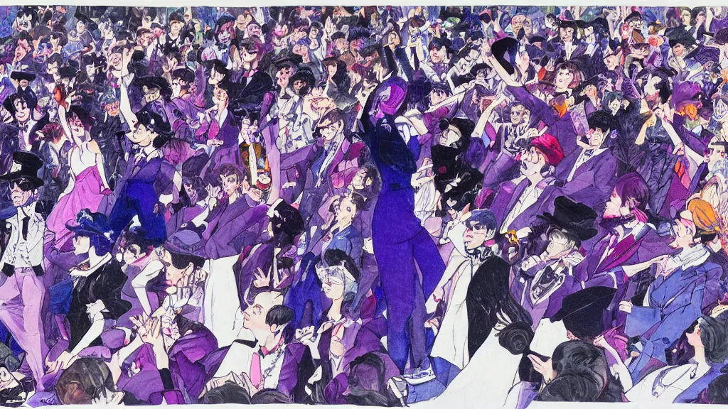 Prompt: detailed illustration of the front row of a concert seen from the front composed of fashionably dressed people dancing, dark blue and intense purple color palette, in the style of yoshiyuki tomino
